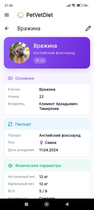 Карточка питомца с параметрами